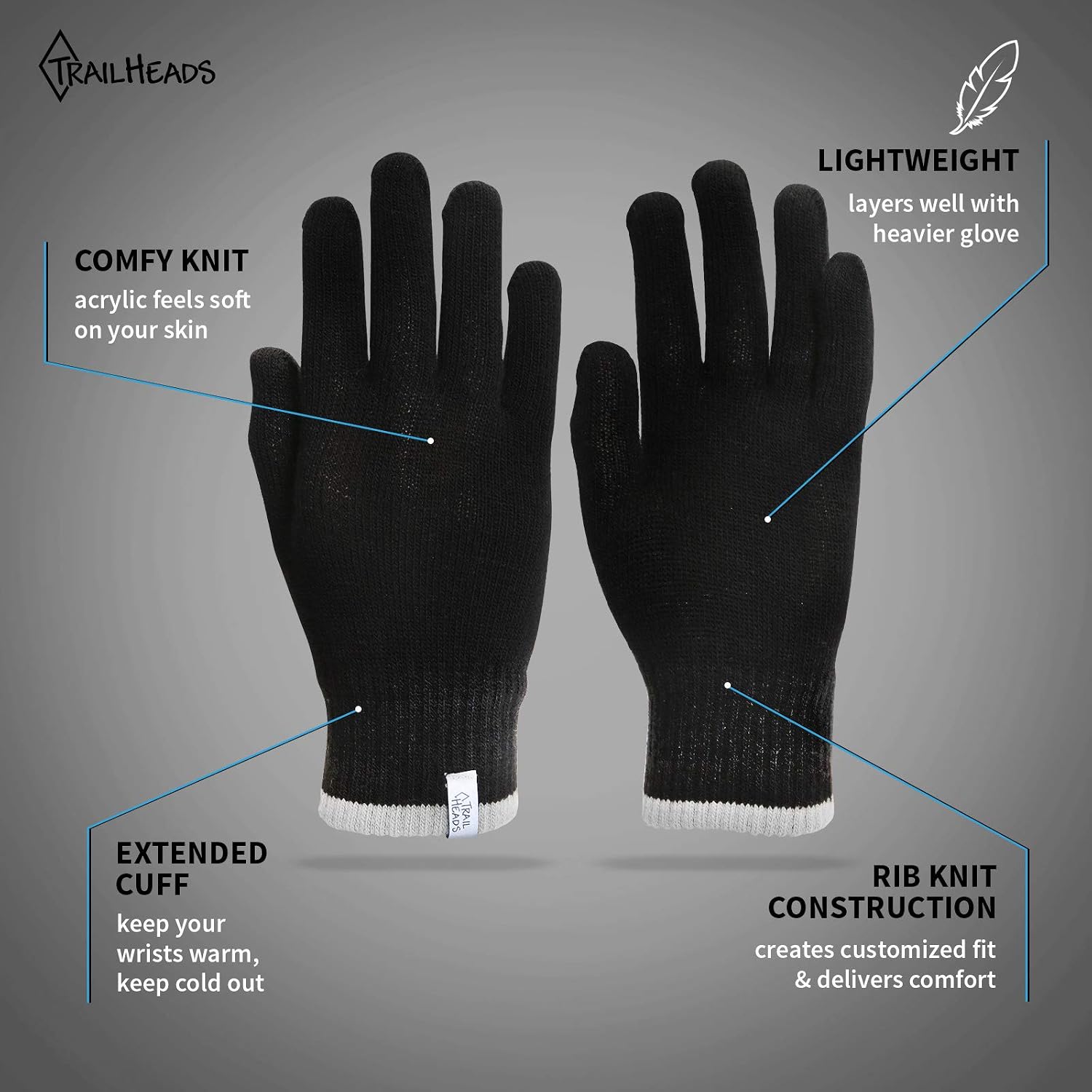 TrailHeads Light Knit Gloves | Winter Glove Liners | Base Layer Gloves for Women and Men