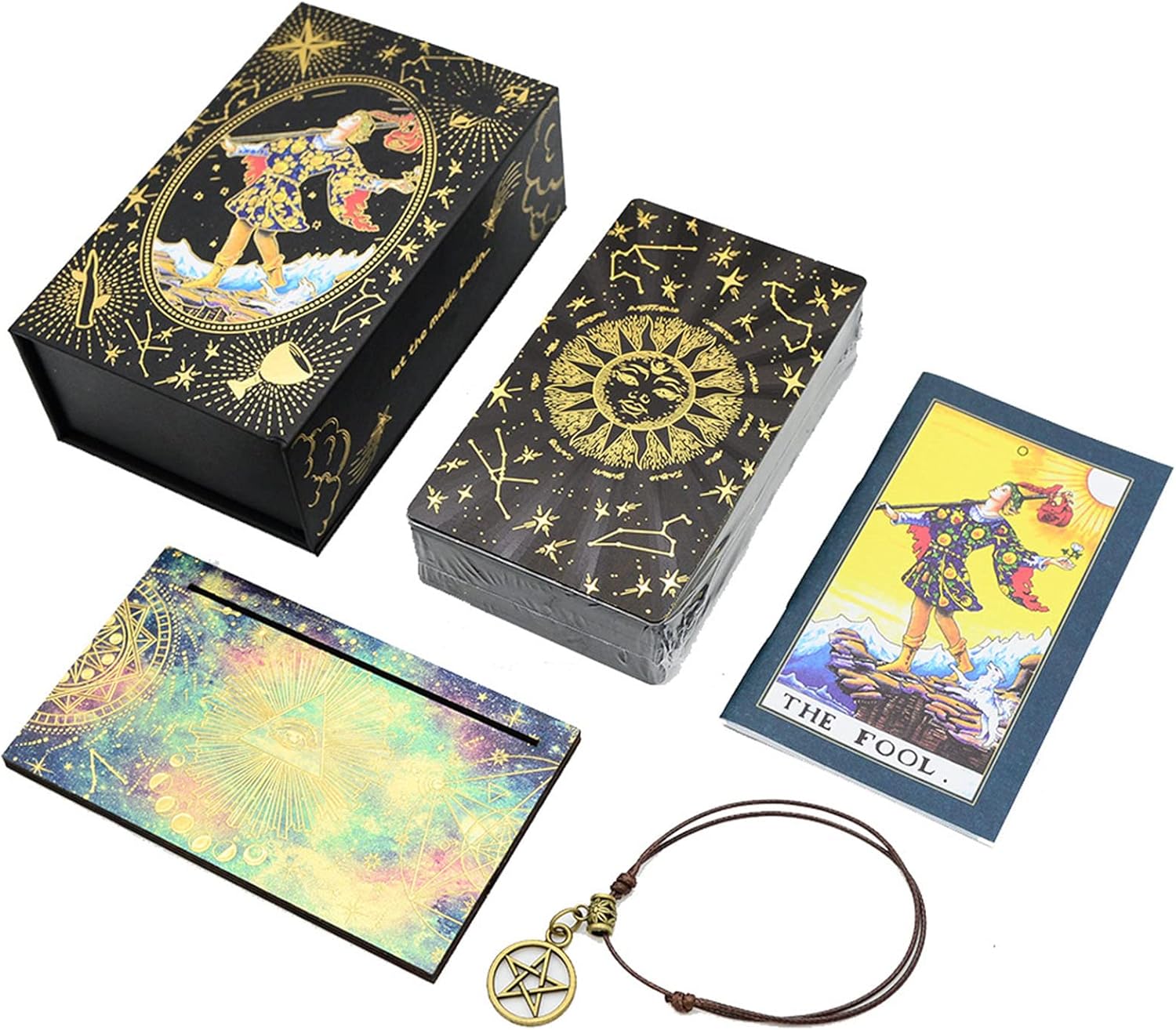 Tarot Deck with Wooden Stand, Rider Waite Tarot Cards Set 2023 New Gold Foil PVC, Waterproof, Anti-Wrinkle with Guidebook Box for Beginners Experts,S