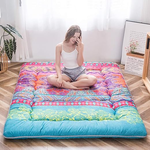 MAXYOYO Bohemian Retro Mattress Boho Floral Japanese Futon Mattress Tatami Floor Mat Foldable Portable Camping , Sleeping Pad, Lounger Couch Bed Full Size