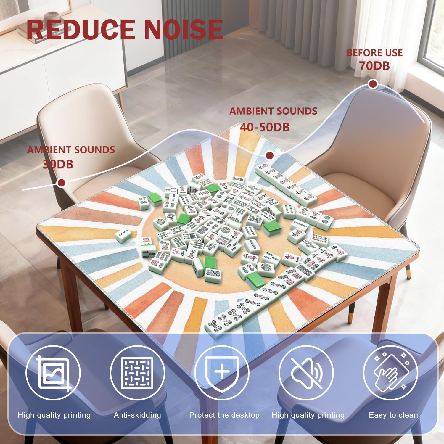 Boho Colorful Sunshine Mahjong Mat for Table 31.5 x 31.5 in, Mid Century Modern Boho Sun Non-Slip Noise Reduction Game Table Cover for American Mahjong Card Board Tile Games
