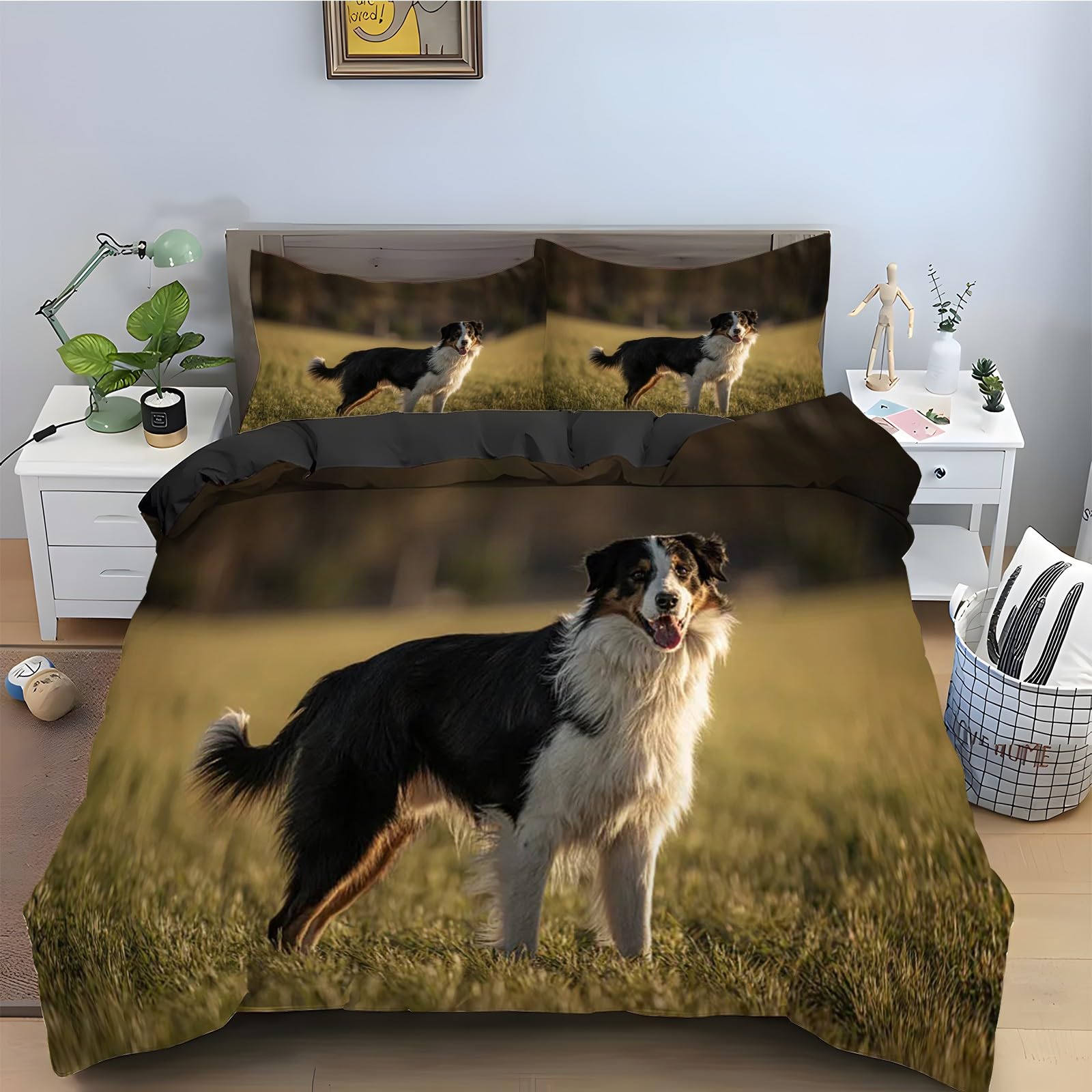 Housse couette en microfibre douce motif chien berger 220x240 parure lit fermeture éclair