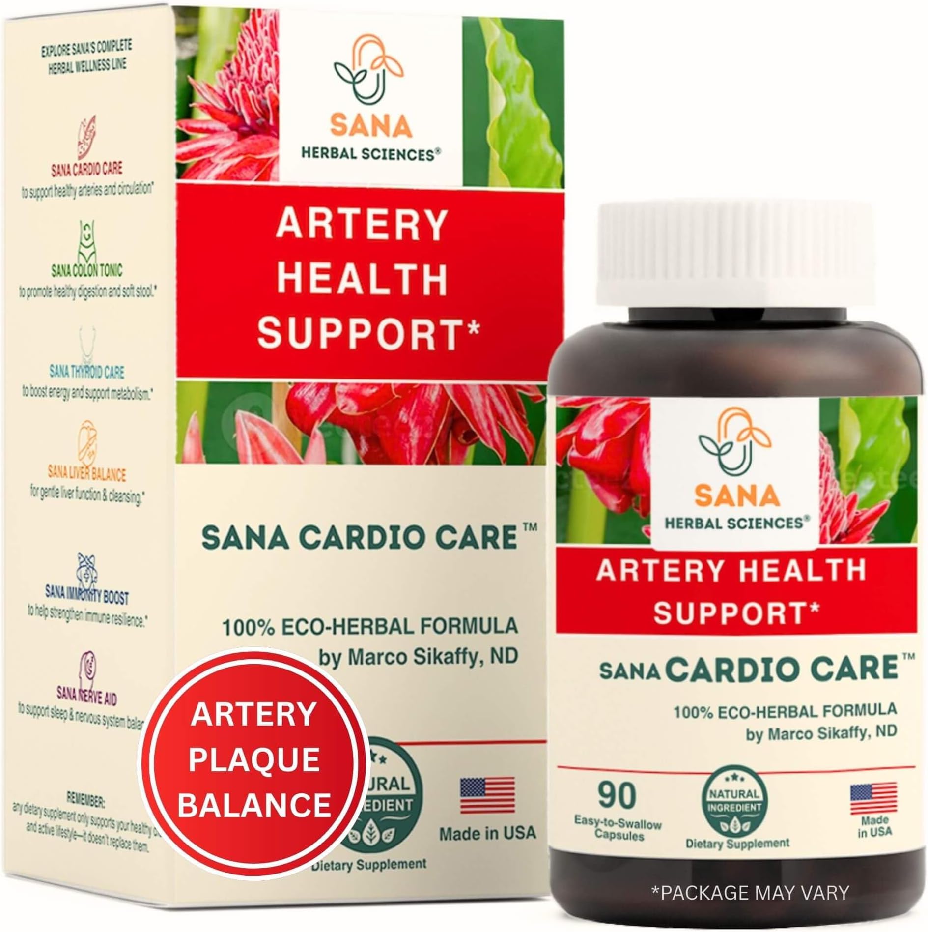 Artery Plaque Removal Formula | 4-Element All-Natural Supplement to Support Blood Pressure, Healthy Cholesterol, and Heart Rhythm | 90 Easy-to-Swallow Capsules | by Sana Herbal