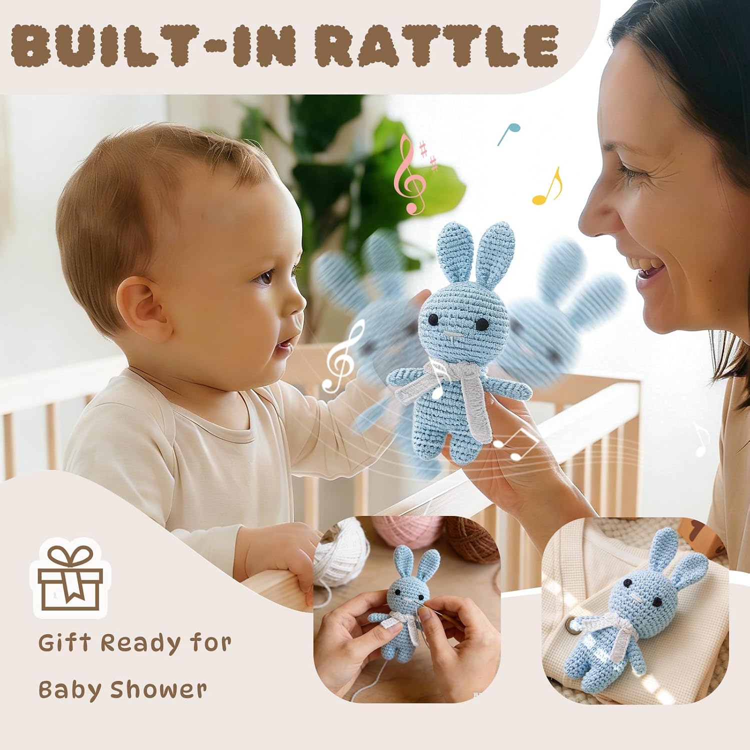 Moyii Handmade Crochet Bunny Baby Rattle - Soft Cotton Amigurumi Sensory Shaker Toy for Newborns & Infants - Easy Grip Lovey Sleep Toy & Neutral Nursery Decor Shower Gift image 4