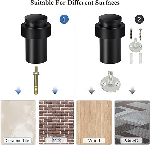 Miniatura 5 de KOLAKO Topes de puerta, topes de puerta de piso, (2 pulgadas) negro mate moderno resistente sólido pequeño cilíndrico parachoques de goma, acero