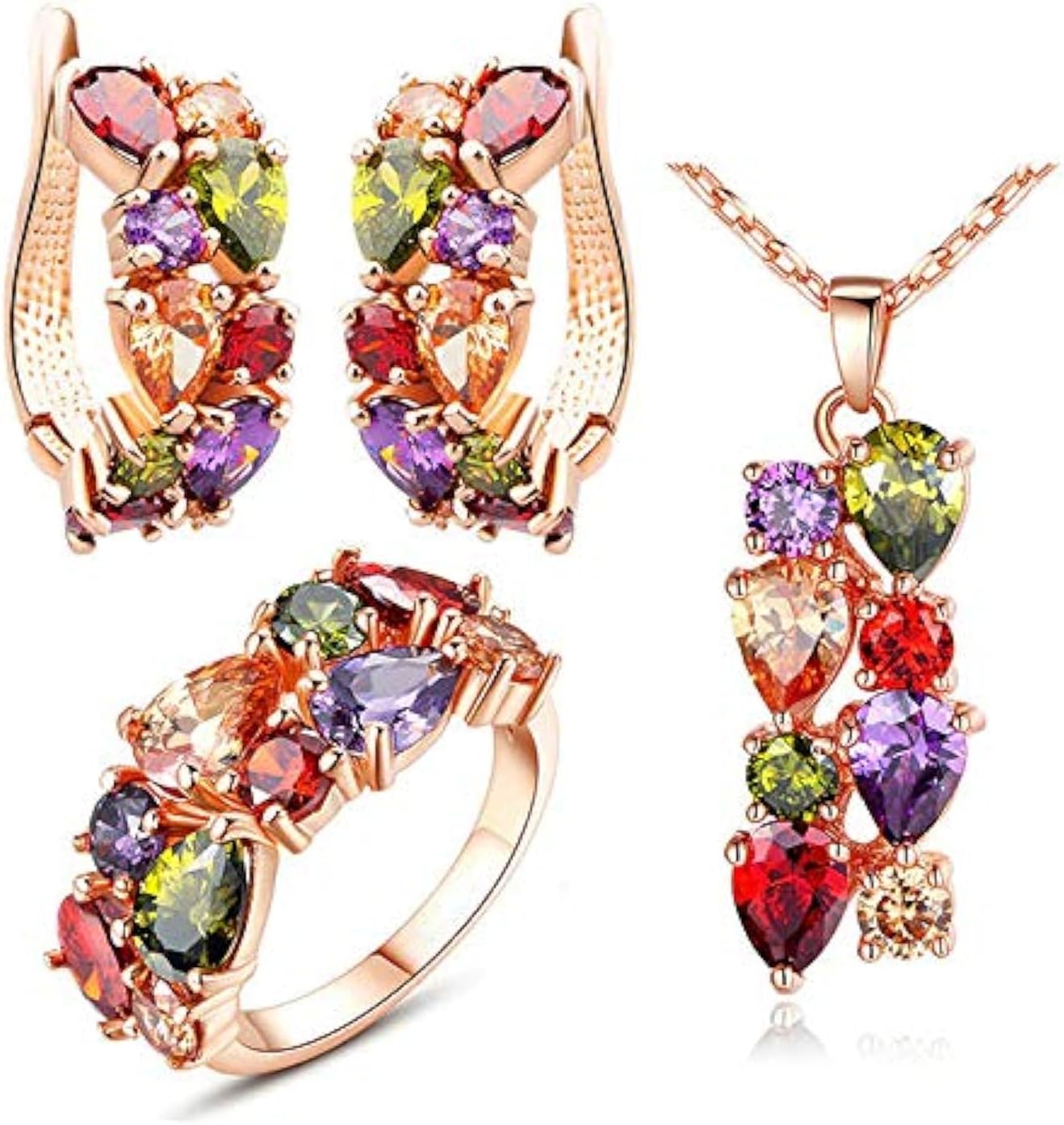 Jewellery Set Multi-Color AAA Swiss Zircon Rose Gold Crystal Necklace Pendant Ring Bracelet Bangle and Earrings Jewellery Combo for Girls and Women (Pendant, Earrings & Ring)