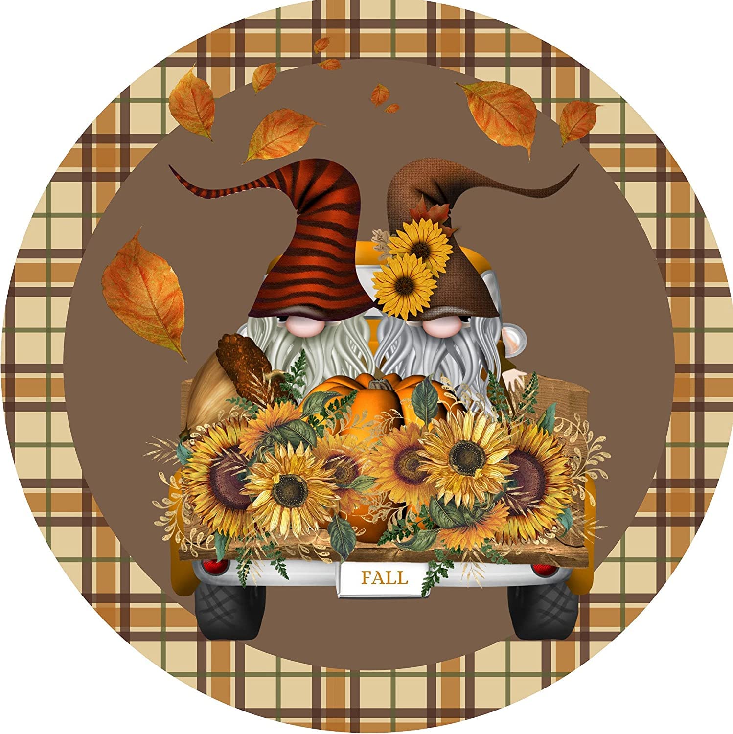 Fall Wreath Sign, Fall gnome Wreath Sign, Round Antique Tin Sign Farm Country Cottage Wall Decor, Funny People Cave Cool Wall Door Plaque 12x12inch