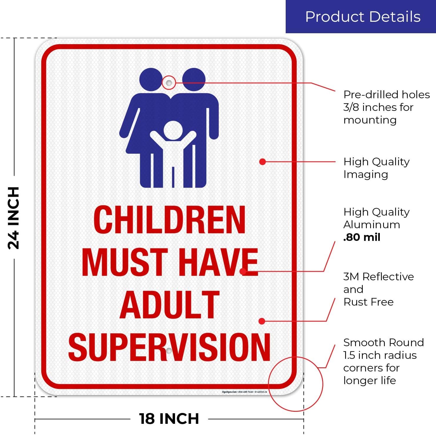 Pool Sign, Children Must Have Adult Supervision Sign, 18x24 Inches, 3M EGP Reflective .080 Aluminum, Fade Resistant, Indoor/Outdoor Use, Made in USA