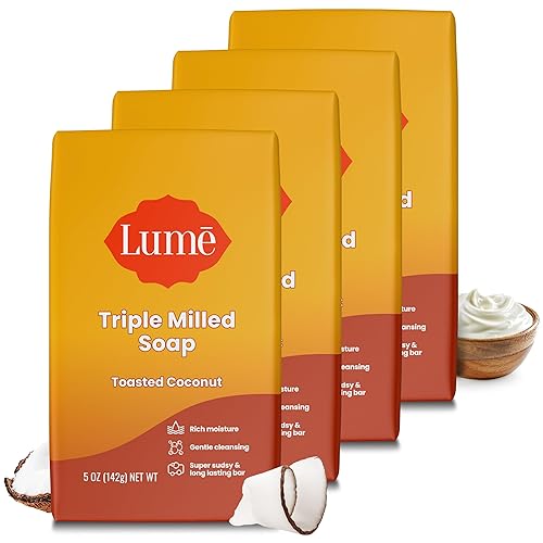 Lume Triple Milled Soap - Rica humedad y limpieza suave, sin parabenos, sin ftalatos, seguro para la piel, 5 onzas (paquete de 4) (coco tostado)