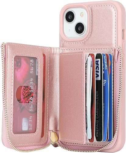 Miniatura 5 de DEYHU Funda para iPhone 14 con tarjetero con cremallera para mujer, iPhone 14 con tarjeta de crédito con anillo y soporte de cremallera para