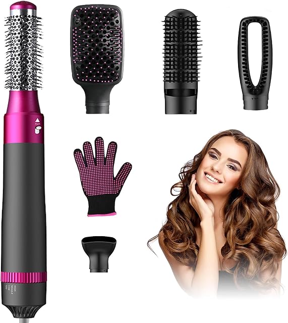 Brosse sèche-cheveux 5 en 1 Brosse de sécheur Négatif Ionique chaud Air Brosse & Styler Volumizer avec Séchoir à cheveux à tête de brosse interchangeable avec peigne pour le séchage des cheveux
