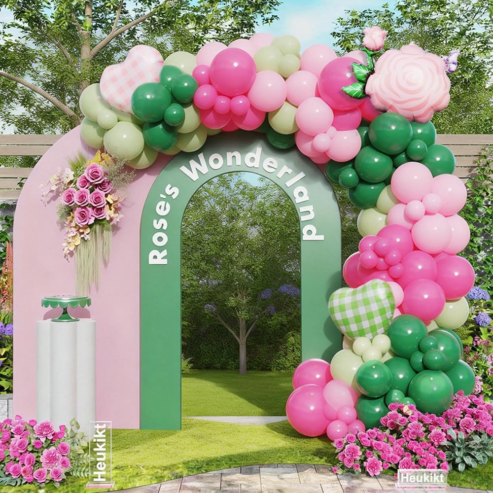 Photo 1 of Pink and Green Balloon Garland Arch Kit, 149pcs Pastel Pink Green Latex Balloons with Rose Flower Foil Balloon for Fairy Wonderland Spring Garden Girls Birthday Summer Safari Party Decorations