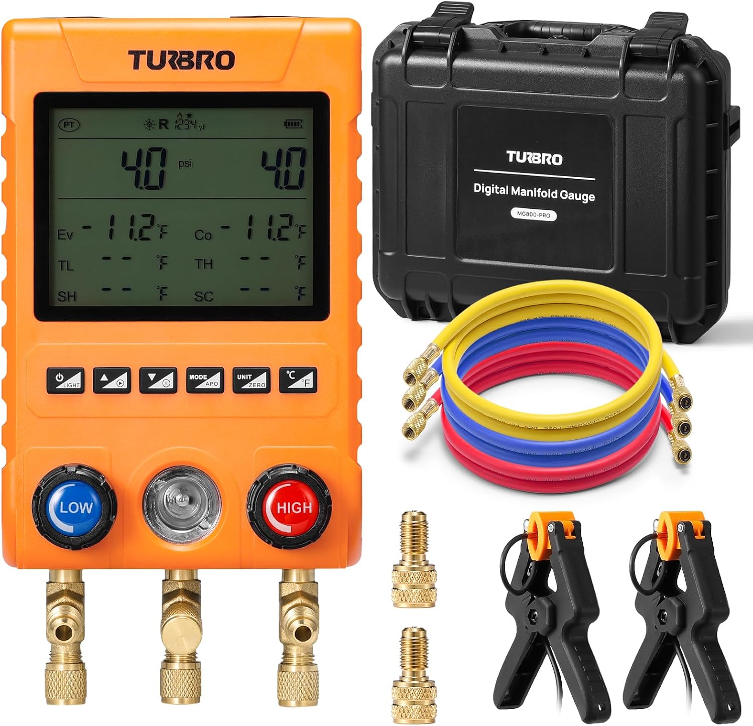 TURBRO Digital Manifold Gauge Set with 2 Wired Temperature Clamps and 3 Hoses, HVAC System Pressure and Temperature Measurement, Compatible with 88 Refrigerants, MG800-PRO