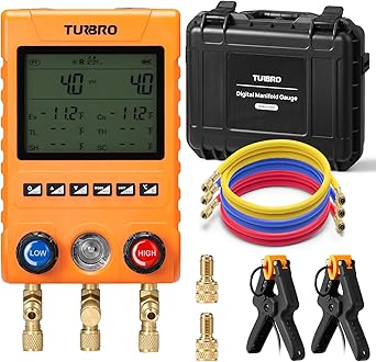 TURBRO Digital Manifold Gauge Set with 2 Wired Temperature Clamps and 3 Hoses, HVAC System Pressure and Temperature Measurement, Compatible with 88 Refrigerants, MG800-PRO