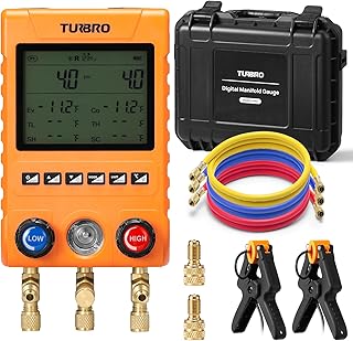 TURBRO Digital Manifold Gauge Set with 2 Wired Temperature Clamps and 3 Hoses, HVAC System Pressure and Temperature Measurement, Compatible with 88 Refrigerants, MG800-PRO