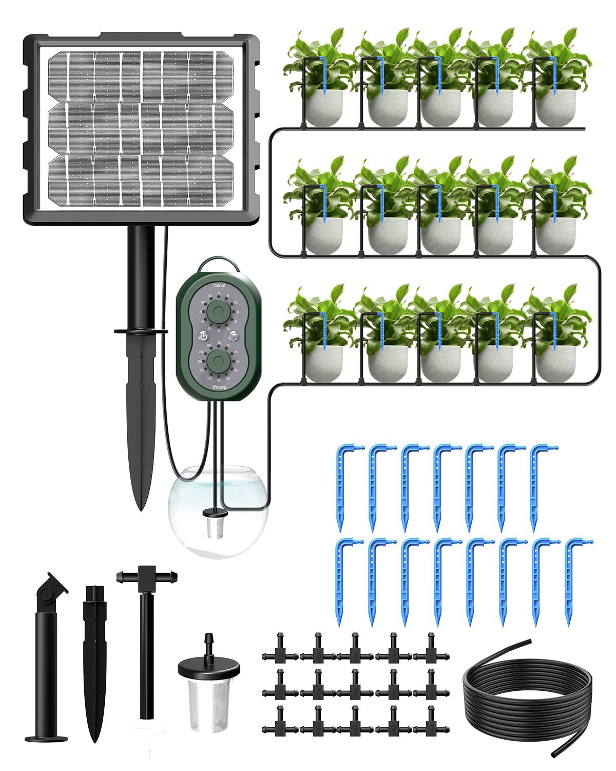 MYMULIKE Sistema di irrigazione solare con doppia carica solare e USB, sistema di irrigazione a goccia automatico da 15 m, con 12 modalità e timer, irrigazione per piante in vaso, giardino, balcone