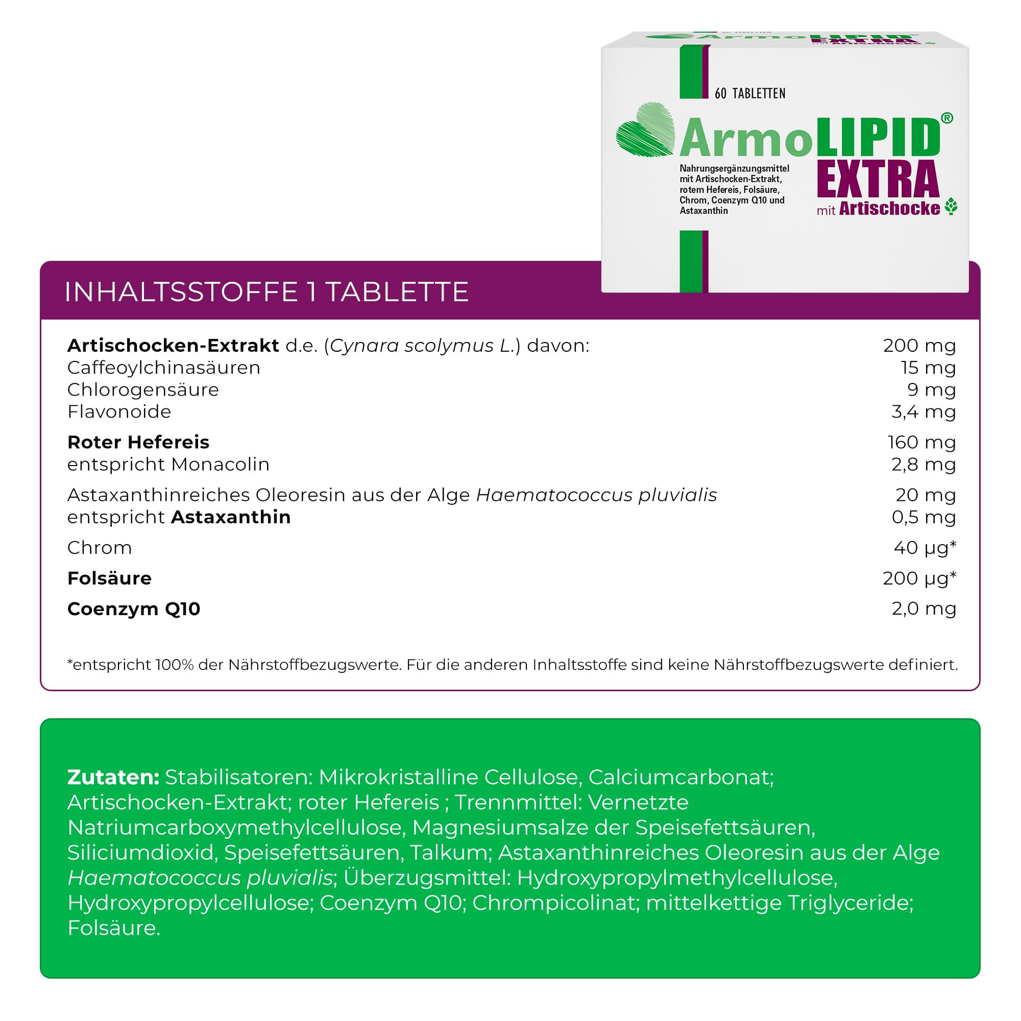 ArmoLIPID® EXTRA - Nahrungsergänzungsmittel mit Artischocken-Extrakt, rotem Hefereis, Folsäure, Chrom, Coenzym Q10 und Astaxanthin - 60 Tabletten
