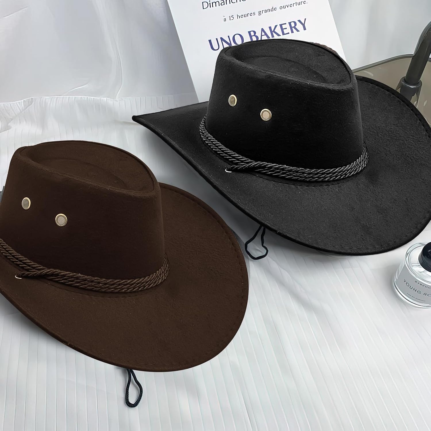 12Pcs Western Cowboy Hat and Bandana, Wide Brim Cowboy Hats Faux Suede Cowgirl Hats Bulk with Adjustable Drawstring for Men Women Costume Party(Brown+Black)