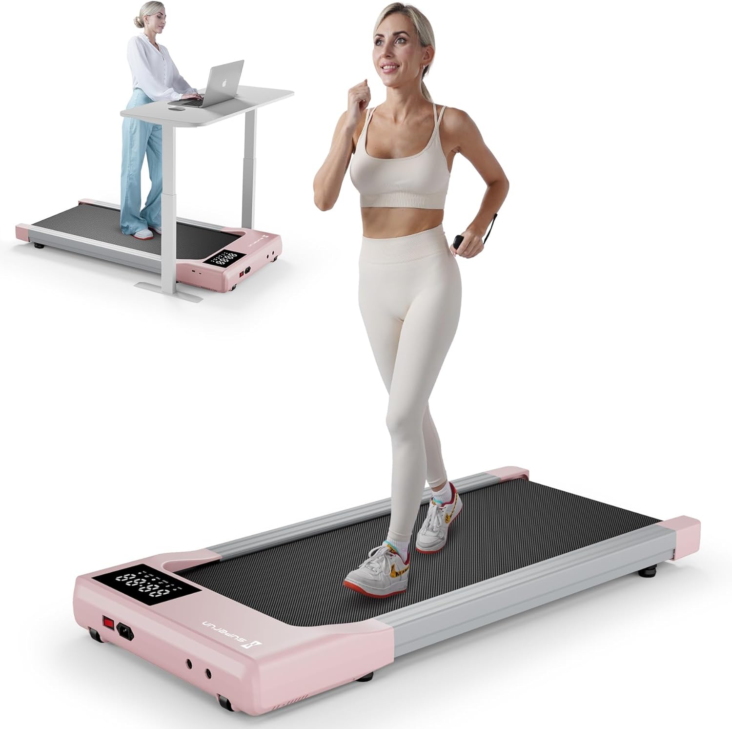 SupeRun Walking Pad, Under Desk Treadmills for Home and Office Small Space, 2.5 HP Portable Mini Jogging Machine with APP and Remote Control and LED Display, 300 Lbs Capacity