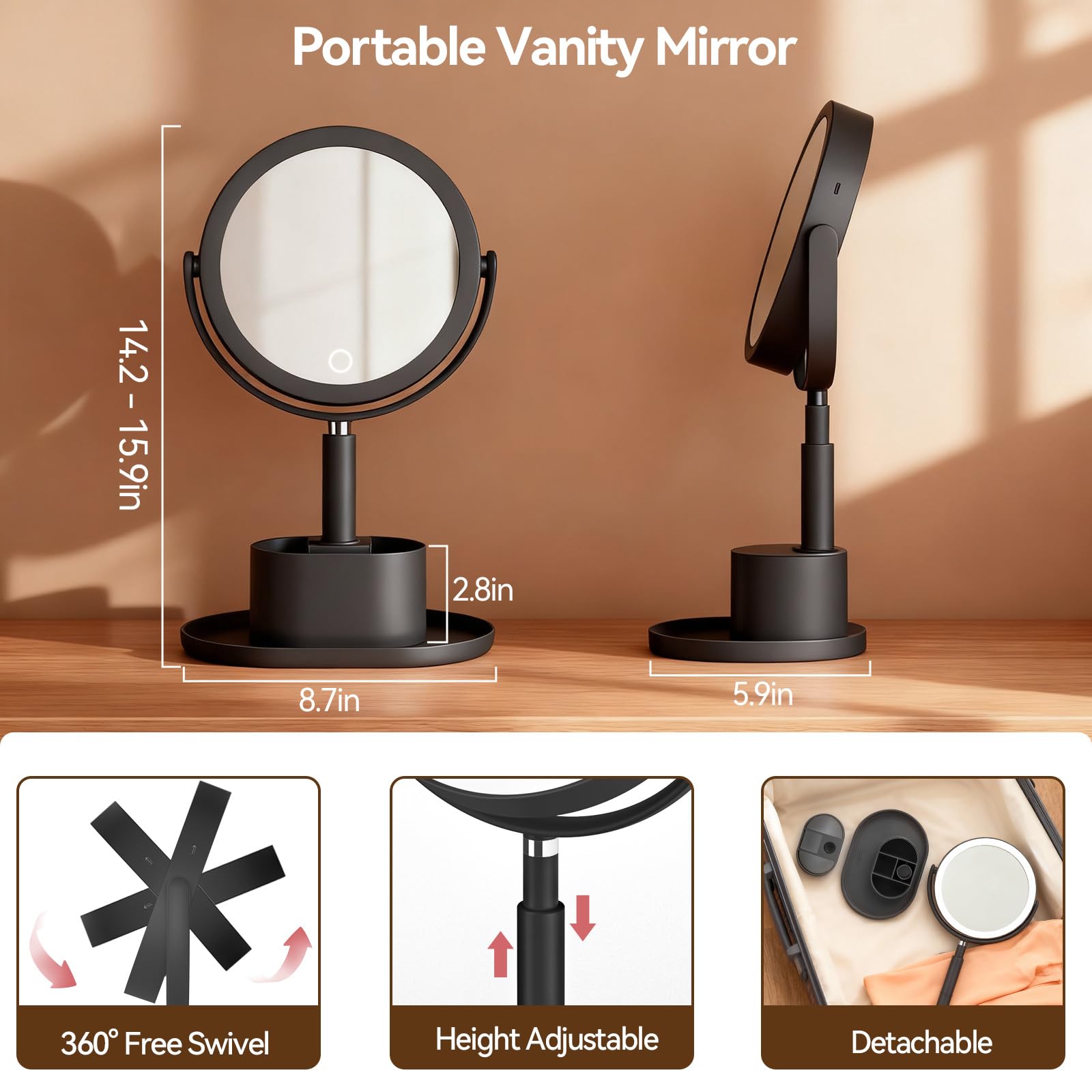 Shinowa 20X Ingranditore Trucco Specchio con Luce a LED | Altezza Regolabile, 3 Colori di Luce, Rotazione 360°, Ricaricabile USB, Funzione Memoria, Nero