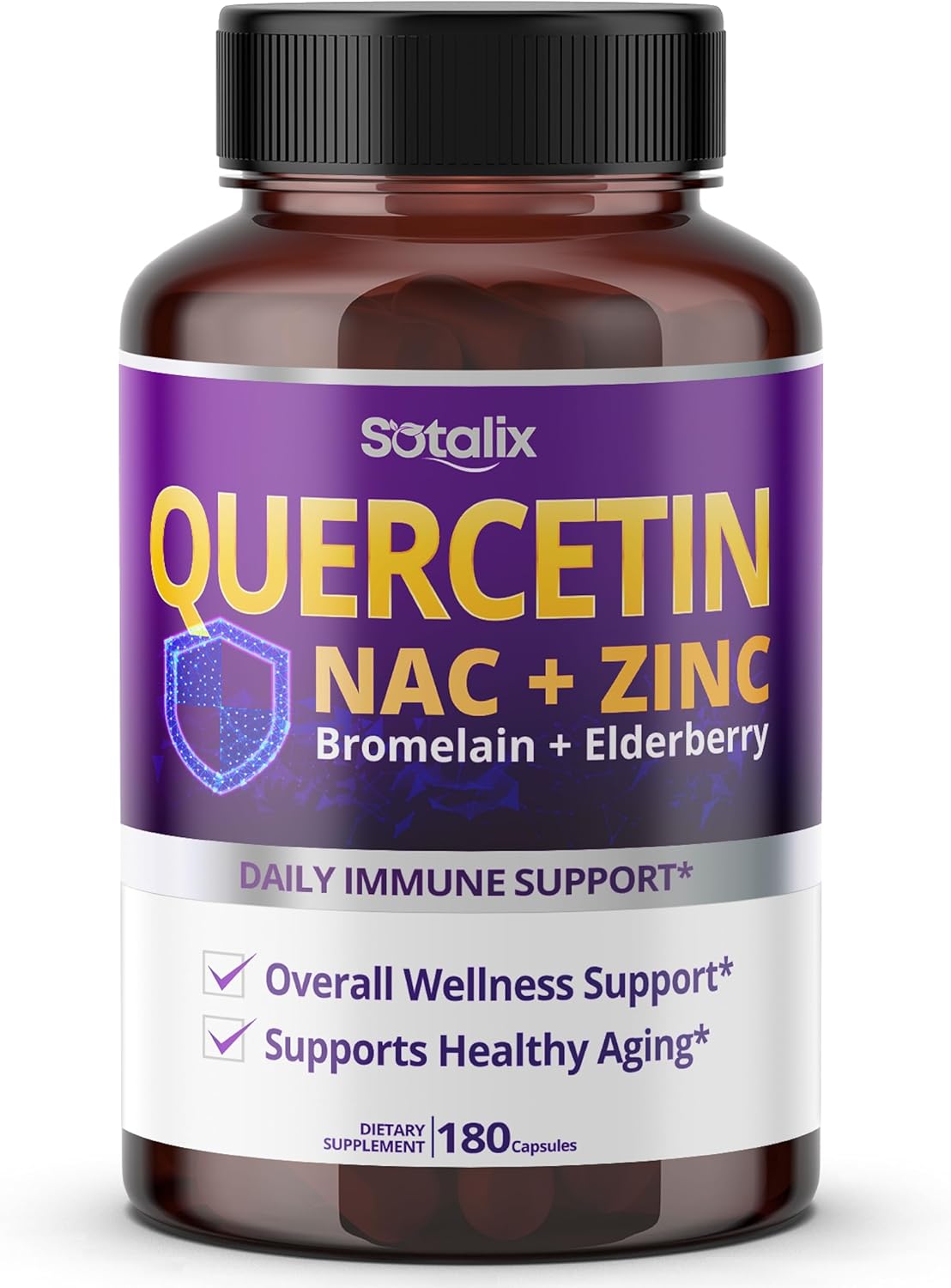 SOTALIX Supplement Premium Quercetin 98% High Purity with Bromelain, Zinc, Vitamin D3 2000 IU, Elderberry - Cardiovascular Respiration Immune Support for Adult Kids - 180 Day Supply