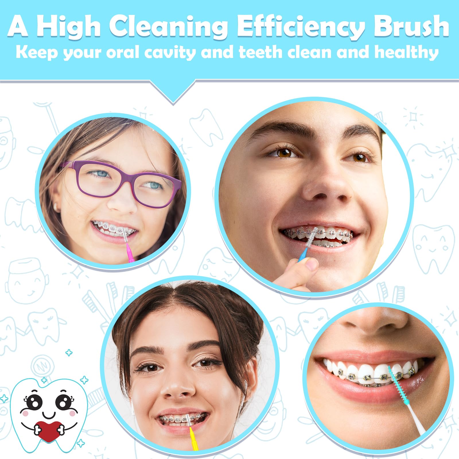 Jupwalz 270 cepillos interdentales de 6 tamaños, cerdas suaves, cabezales de hilo dental flexibles de 360°, cepillos dentales entre los dientes, kit de limpieza de dientes orales
