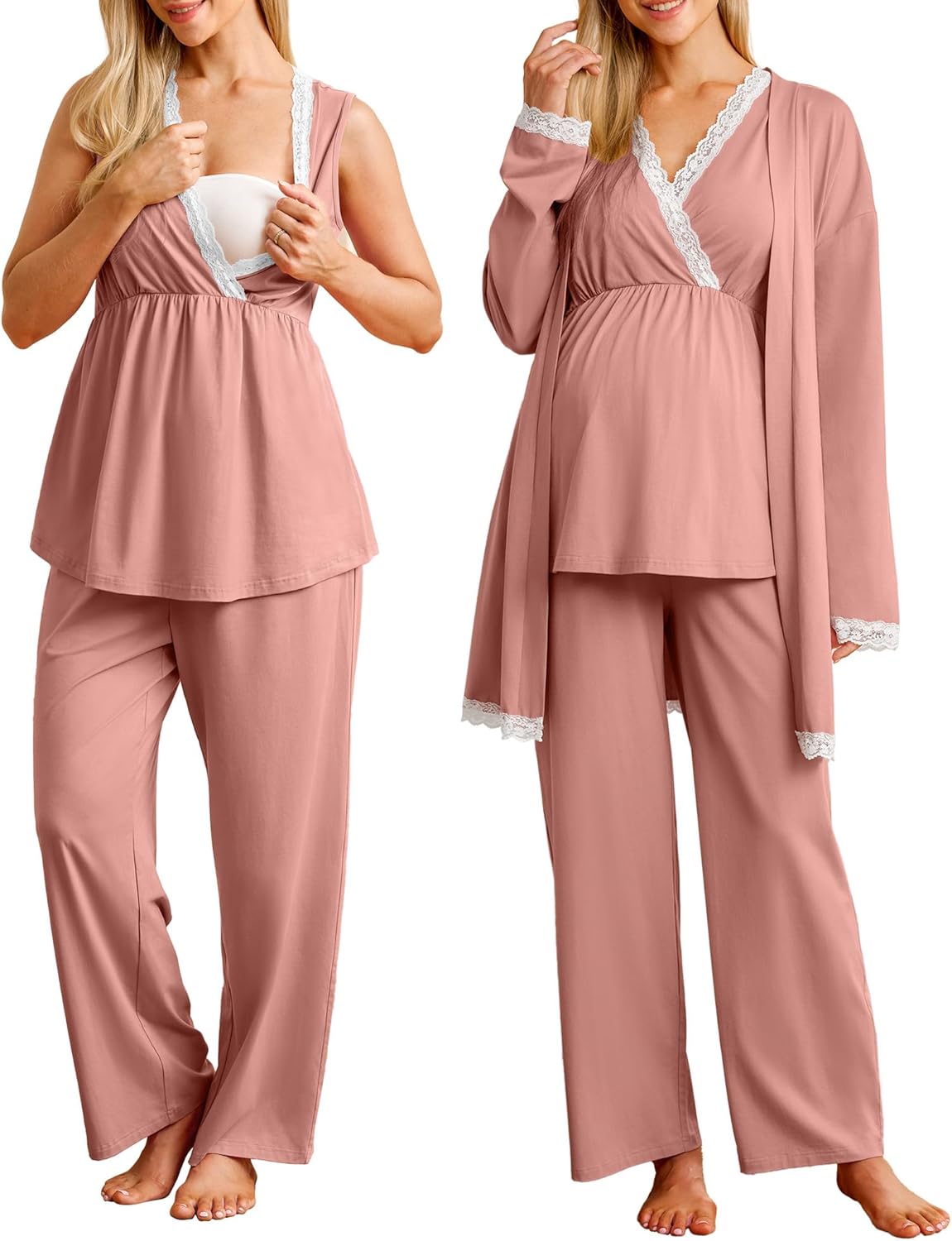 OUGES Womens Cotton Blend Maternity Nursing Robe Set 3 PCS Postpartum 3 in 1 Labor Delivery Hospital Pjs Tank Top & Pants