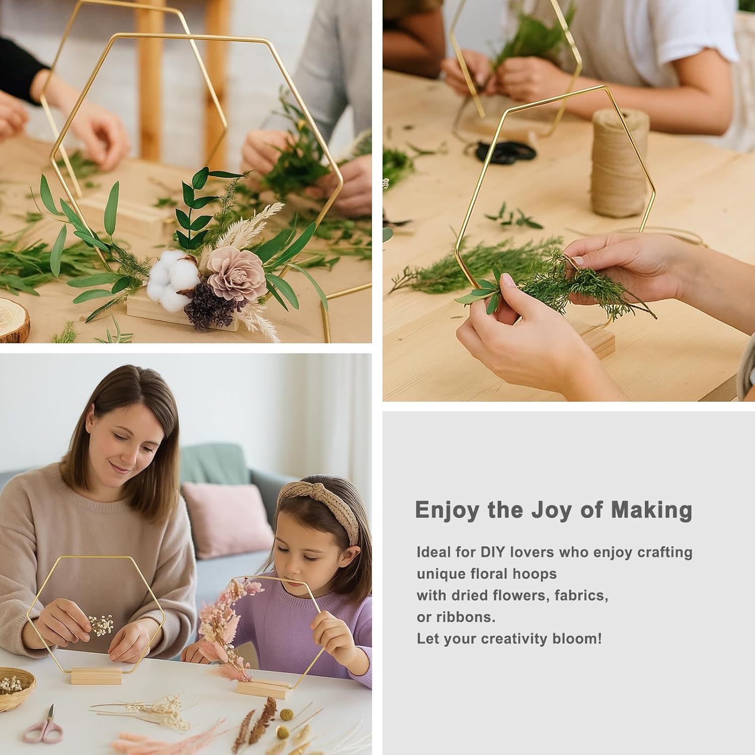 12 Pack Hexagonal Floral Hoops with Stand 16 Inch Metal Rings for DIY Centerpiece Table Decorations Crafts Macrame Ring Hoops Dream Catcher Rings Wedding Birthday Wreath Craft Hoops with Holder, Gold