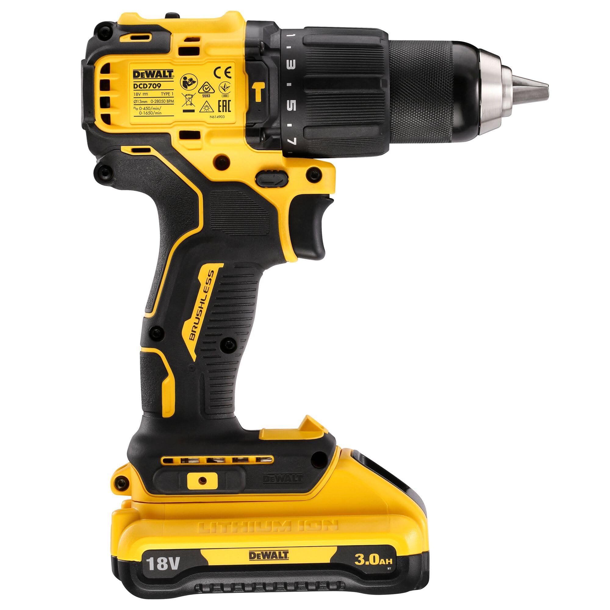DEWALT DCD709L2T-QW - Trapano Avvitatore Compatto 2 Velocità con percussione 18V motore BRUSHLESS. DOTAZIONE: 2 batterie XR Litio da 3.0Ah, caricabatterie, gancio per cintura, valigetta TSTAK.