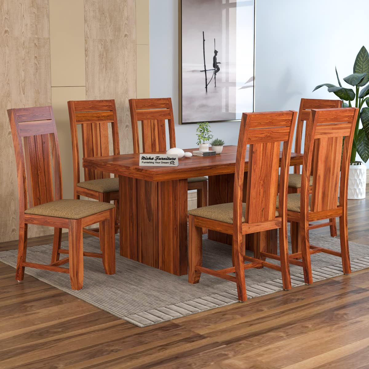 NISHA FURNITURE Solid Wood Dining Table 6 Seater with Chairs, 6 Seater ...