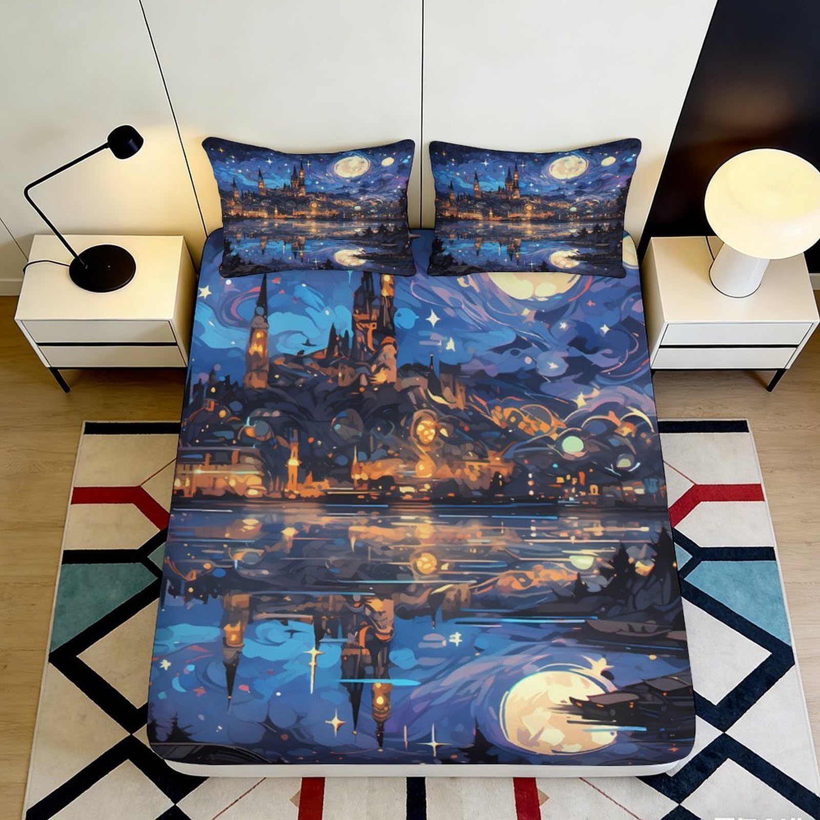 3D Printed Castle Nightscape Fitted Sheet Microfiber Soft Moonlit City Mattress Cover Bedroom Decor 90x200x25cm