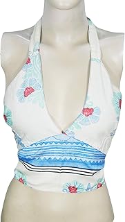 Mogul Interior Women Top Halter Blouse Upcycled Silk Printed Vintage Crop Tops One Size Blue,White