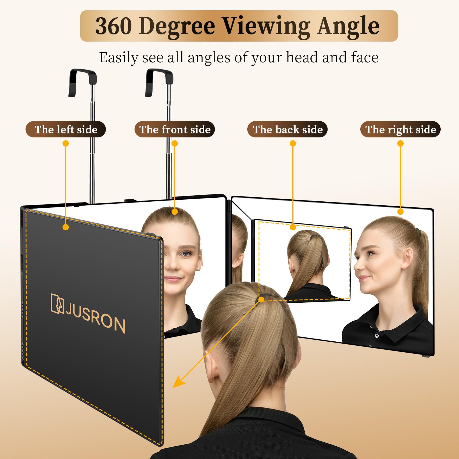 JUSRON Miroir Coiffure 360° 3 Faces Barbier Homme/Femme, Portable et Hauteur Réglable, Pliable pour Maquillage, Rasage (sans LED)