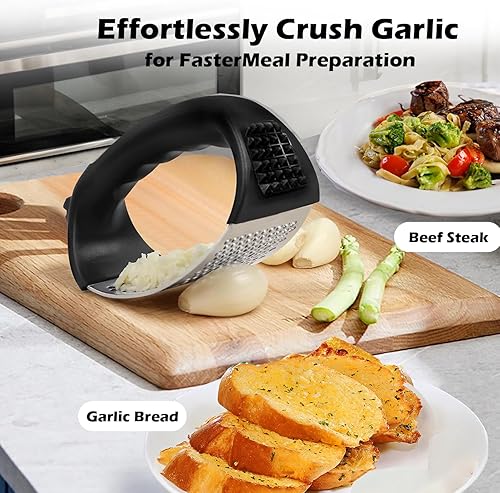 Miniatura 4 de Juego de balancines de prensa de ajo, herramienta de picadora de ajo de acero inoxidable con pelador de ajo y cepillo de limpieza, utensilios de