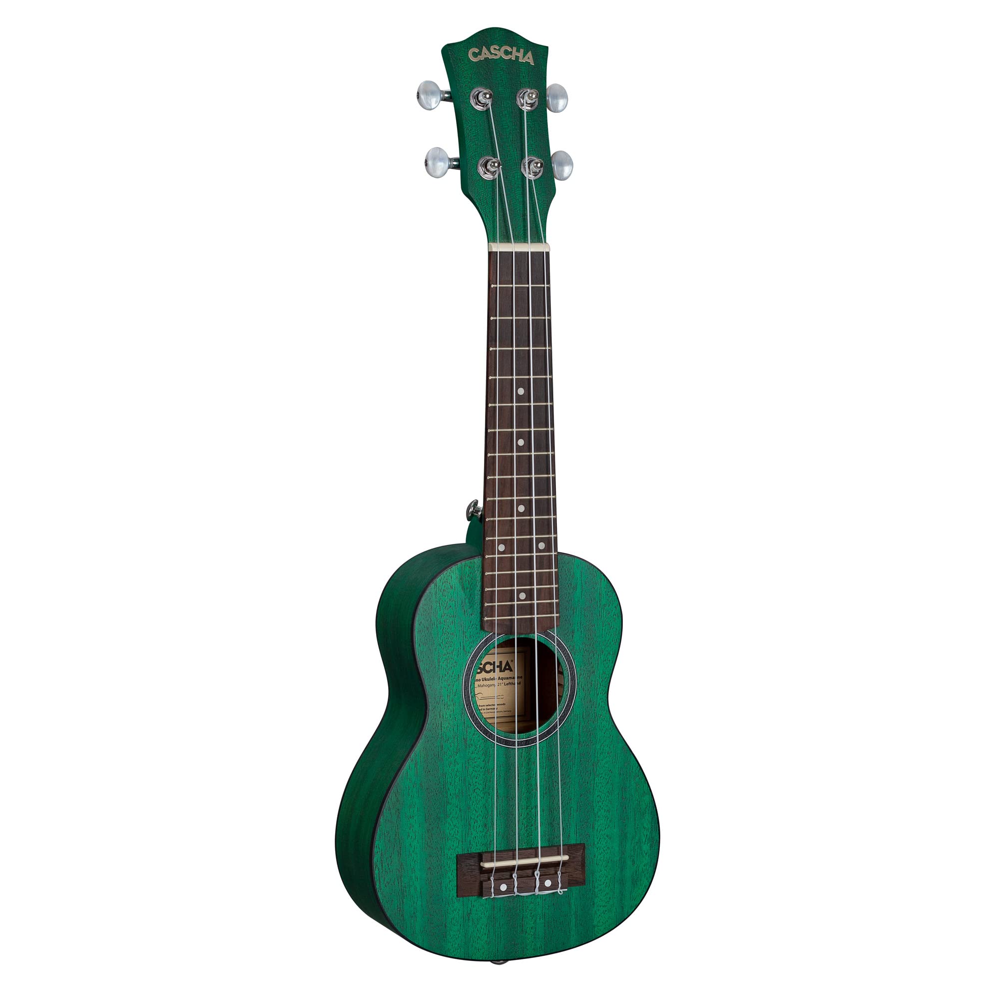 CASCHA Sopran Linkshänder Ukulele Aquamarine Mahagoni I Starter Kit 3 farbige Plektren Tasche Gigbag I Premium I Kleine Hawaii Gitarre für Anfänger Fortgeschrittene