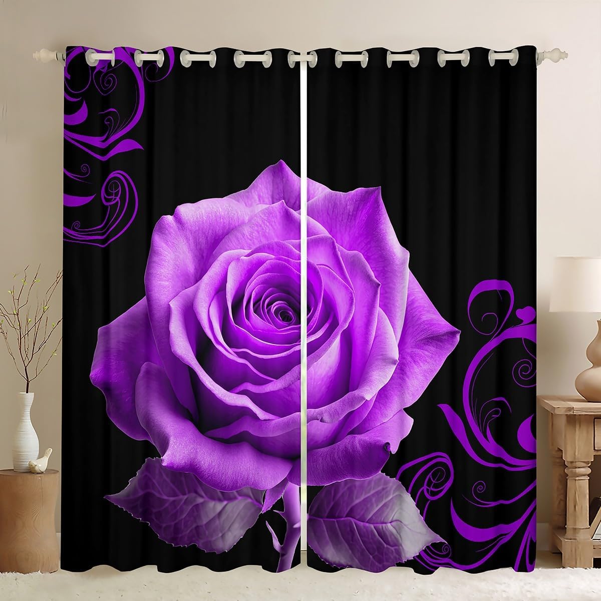 Feelyou Purple Rose Window Curtains for Bedroom Living Room Rose Print Curtains for Kids Boys Girls Floral Flower Window Drapes Purple Black Blackout Curtains, 52W X 63L,2 Panels