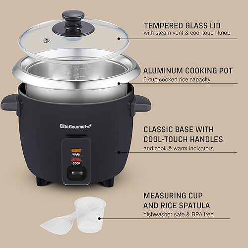 Miniatura 5 de Elite Gourmet ERC003BX - Arrocera eléctrica con mantenimiento automático del calor, hace sopas, guisos, granos, cereales calientes, 6 tazas cocidas