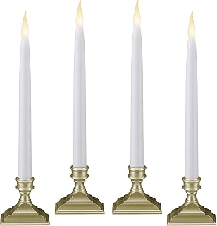 612 Vermont Battery Operated LED Taper Window Candles with Timer (6 on/18 Off), Patented Warm White Dual LED Flicker Flame, VT-1660P-4 (Pack of 4, Pewter)