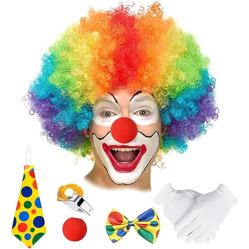 Set of 6 Clown wigs Costume set, Funny Clown Curly Afro Wigs with Nose Tie Gloves, Rainbow Wigs, 70's 80's Disco Theme For Youth Adult Women Men's Party Halloween Costume (Multicolor)