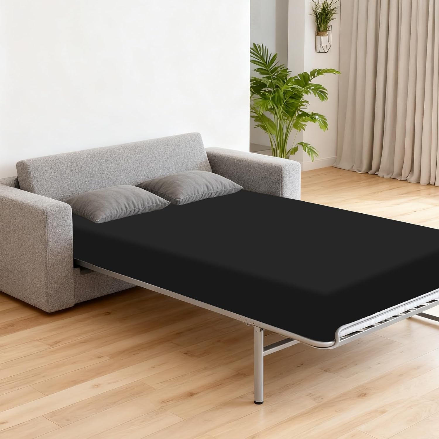 Sleeper Sofa Queen Sheet Fitted Only, Queen Sleeper Sofa Bed Sheets 60" x 74" with Deep Pocket to 8", Cooling Mattress Bottom Sheets,Shrinkage & Stain Resistant, Wrinkle Free, Black