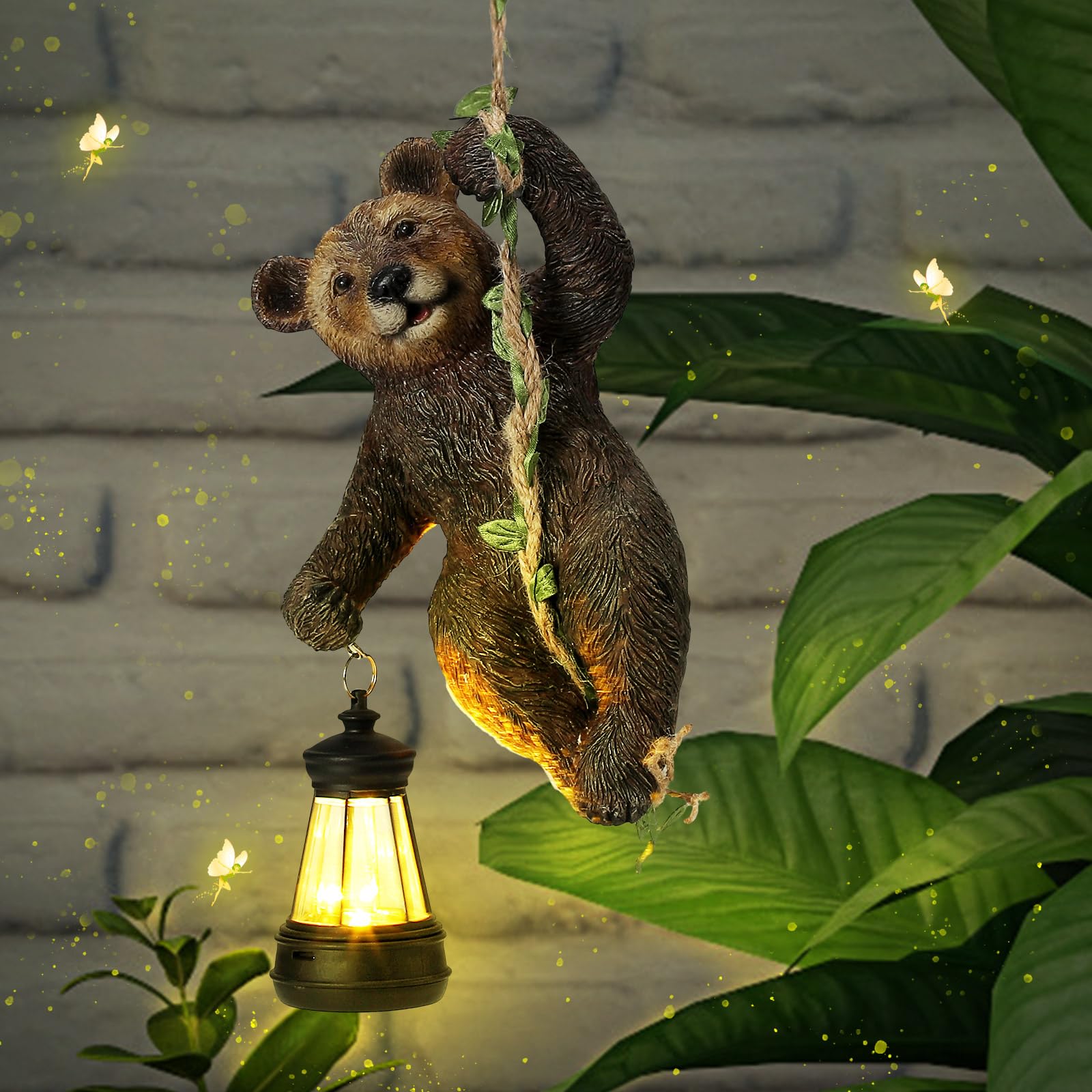 Rossesay 7 Inches Bear Statue Tree Hugger with Solar Light Resin Bear Statue Sign with LED Lantern Waterproof Hanging Figurine with Hook for Christmas Tree Decoration Outdoor Yard Garden (Brown)