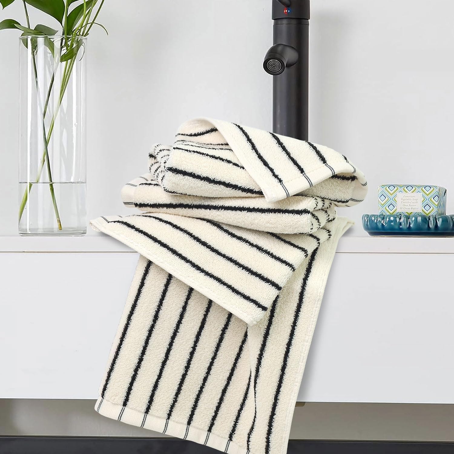 Jacquotha Striped Cotton Washcloths 4 Pack, 13” x 13” - Soft Wash Cloths for Bathroom, Kitchen, Gym, Face, Black and Cream