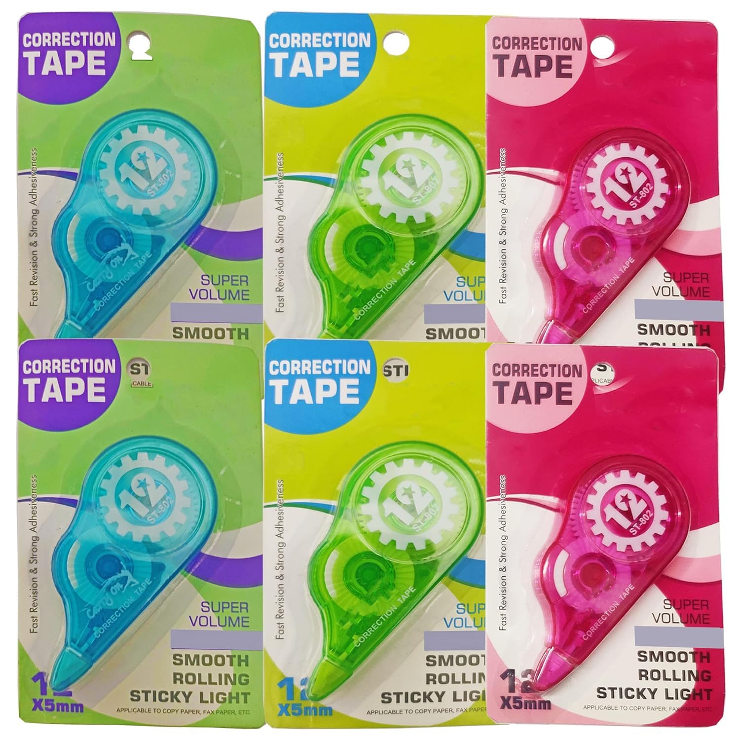 Happie Shopping Big Correction Tape of 5 mm x 12 metre (Color- Multi) (Pack of 6)