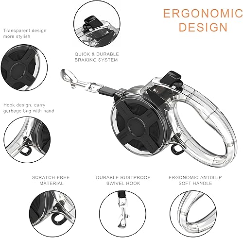 Miniatura 4 de Correa retráctil para perro de 16 pies sin enredos con freno con una sola mano, cinta de nailon fuerte y carcasa transparente para perros pequeños y
