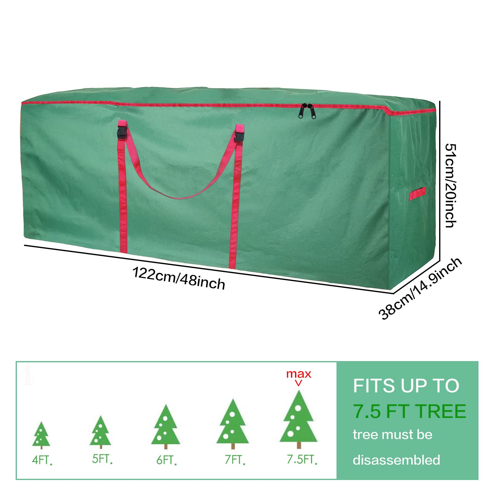 Bolsa para Árbol de Navidad 122 x 38 x 51 cm Bolso Almacenaje Almacenar Hasta 9 pies Árboles Artificial 600D Tela Oxford Bolsas Almacenamiento Impermeable para Guardar Arboles, Verde