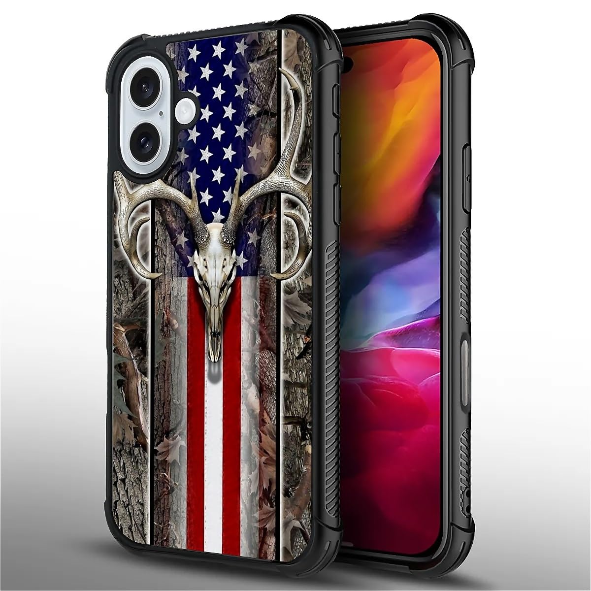 Toulas Compatible with iPhone 16 Plus Case,American Flag Wood Deer Skeleton Ultimate Protection: Back+Soft Silicone Acrylic TPU Design for Shockproof