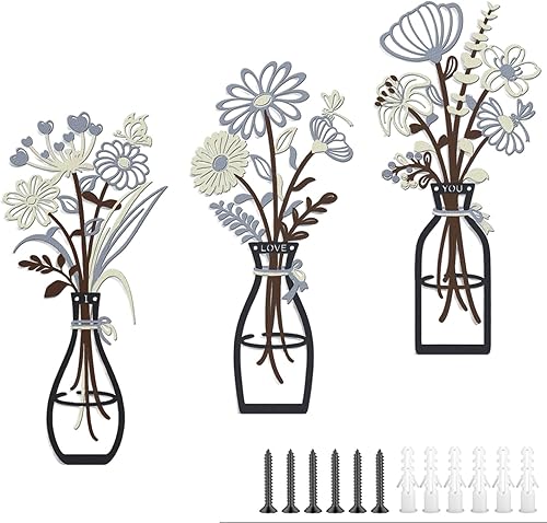Miniatura 13 de SHOUNAJIA 3 Piezas de Decoración de Pared de Flores de Metal, Arte de Pared Rústico de Granja, Arte de Pared de Metal para Baño Dormitorio Sala de