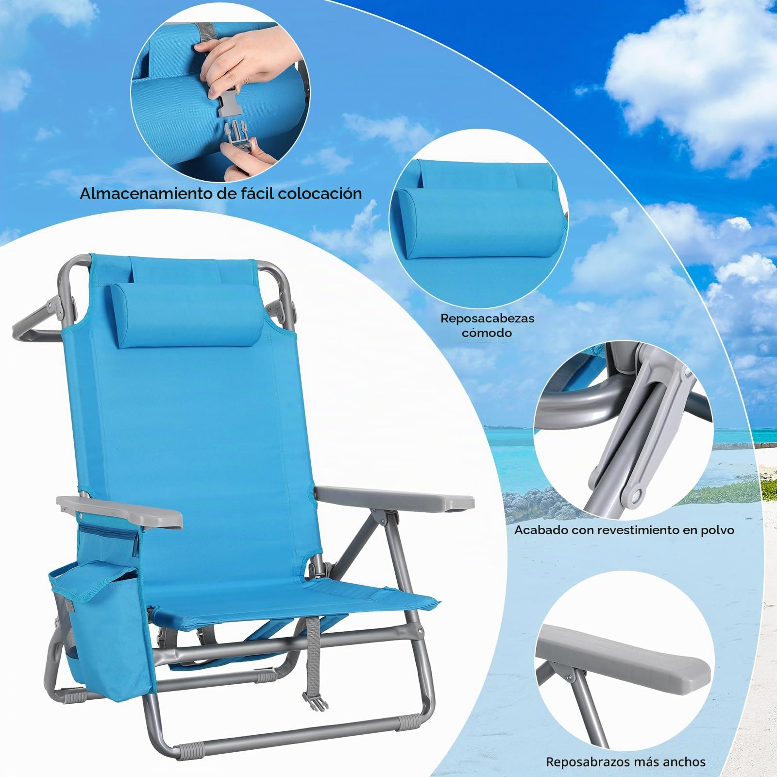 LIFERUN Silla de Playa Plegable, Silla Plegable Ligera y Portátil como Mochila, Silla de Camping, Reclinable, Capacidad de Carga de hasta 150 kg, Silla Plegable de Exterior