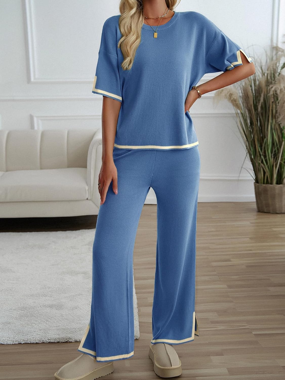 codcm Women 2 Piece Lounge Sets Sweater Pajama Sets Knit Pullover Tops and Wide Leg Pants Matching Outfits image 2