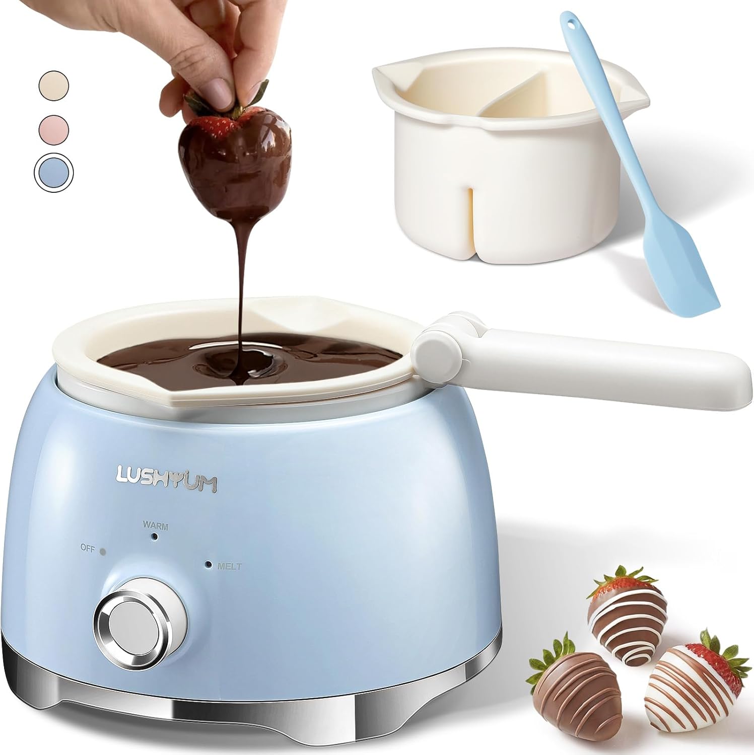 chocolate melting pot candy melts melter with 2 insert pots and spatula, 4 cups capacity warmer machine, ideal dipping tool kitchen supplies for making cake pop covered strawberries blue