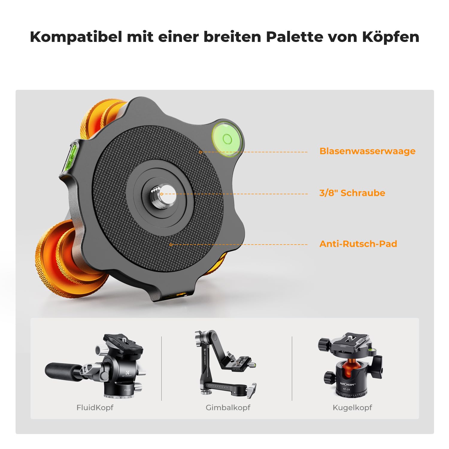 K&F CONCEPT Stativkopf Nivellierbasis, Aluminium Nivelliersockel, Nivellierbasis mit 3/8" Schraube,-5° präzise Winkeleinstellung,Dreirad Nivellier für Makro Panoramafotografie,mit 1/4 auf 3/8 Adapter